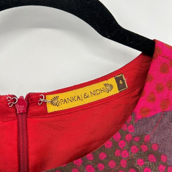 ANTHROPOLOGIE Pankaj & Nidhi Red Beige Embroidered Fit & Flare Mini Dress Size 4 - Picture 6 of 7